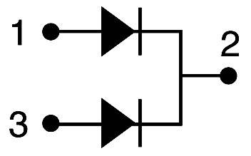Elektrický schematický diagram zobrazuje dve diódy v paralelnej konfigurácii so spoločnými vývodmi 2 a 3; vývody 1 a 3 sú vstupy.