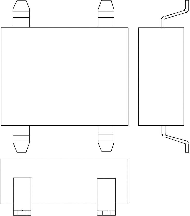 Technický výkres elektrického komponentu z troch perspektív: pohľad zhora, pohľad spredu a pohľad z boku so spojovacinovými kolíkmi.