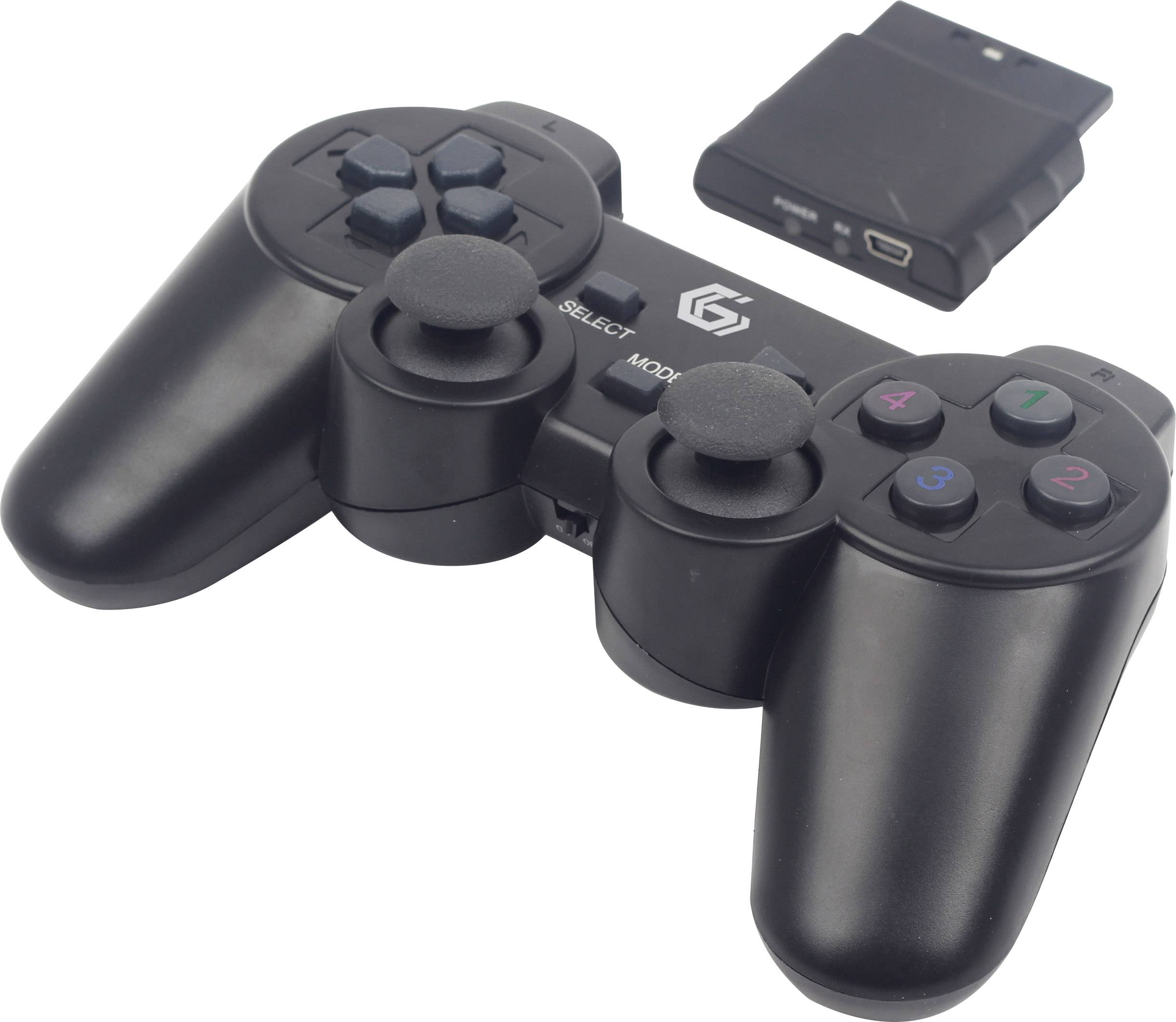 Čierny herný ovládač s dvoma joystickmi, viacerými tlačidlami a samostatným bezdrôtovým prijímačom.