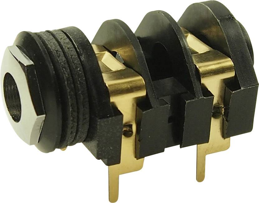 Zlatý, dvojpólový konektor jack so čiernym plastovým krytom, vhodný na montáž na elektronické dosky.