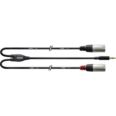 Audio kábel s dvoma XLR konektormi a 3,5 mm jack konektorom. Značka kábla 'Cordial'. Používaný na prenos zvuku.