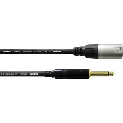 Mikrofónový kábel so zlatým XLR konektorom hore a 6,3 mm jack konektorom dole, značka Cordial, model: 'CMM 220'.