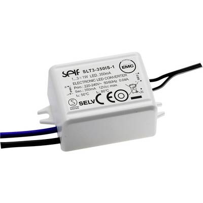 Obdĺžnikový elektronický LED konvertor, model 'SLT3-350IS-1', s prípojkami a označením CE, určený na premenu elektrického prúdu pre LED diódy.