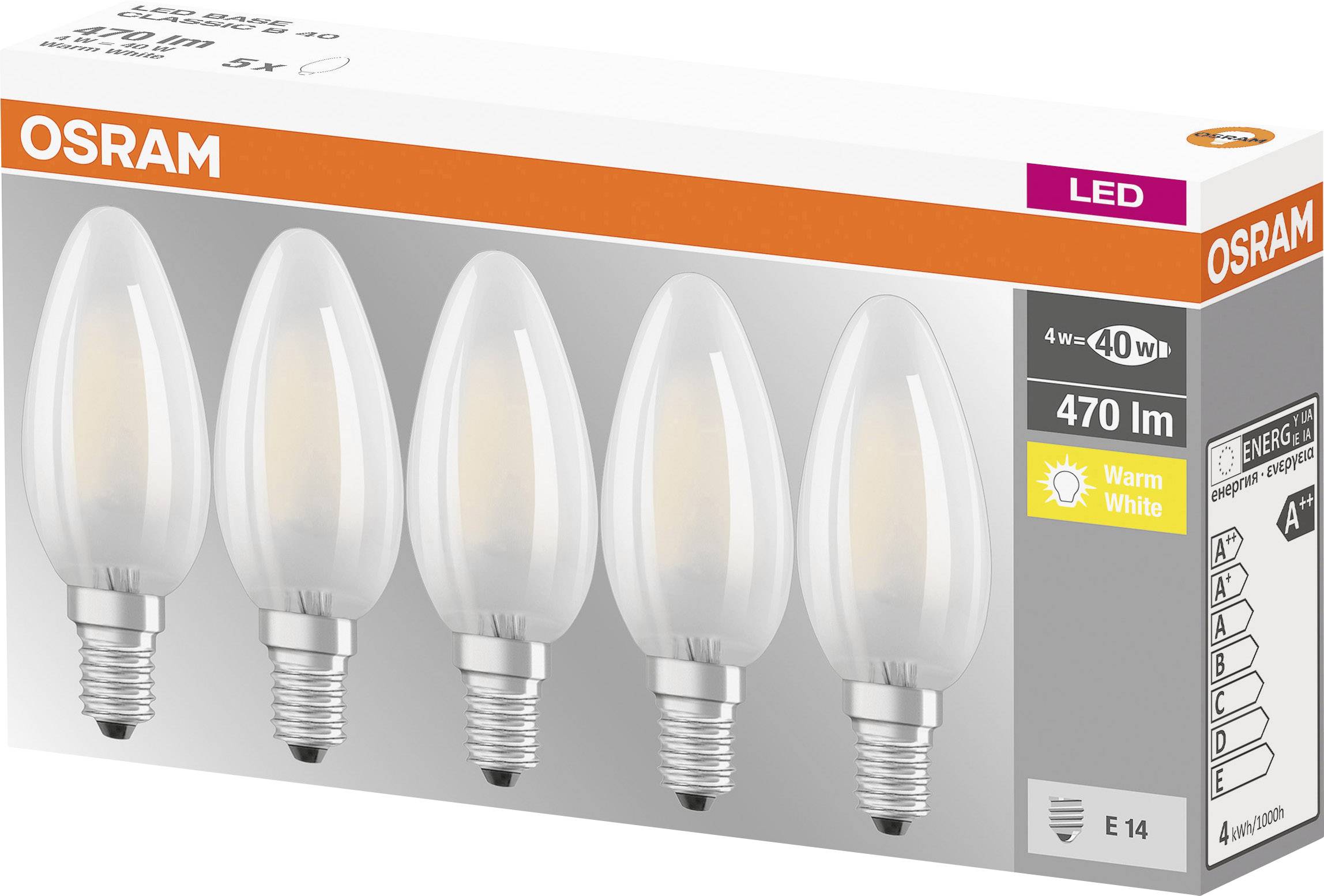 Osram LED sviečkové žiarovky, 5-kusové balenie, 470 lúmenov, teplá biela, pätica E14, energetická trieda A+.