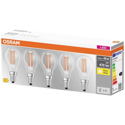 Balenie s piatimi LED žiarovkami OSRAM, 4W, ekvivalent 40W, 470 lúmenov, teplé biele svetlo, energetická trieda E.