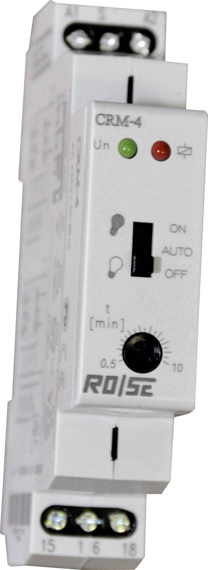 Elektronické časové relé so spínačmi a LED indikátormi, označené ako 'CRM-4'. Slúži na riadenie elektrických funkcií.