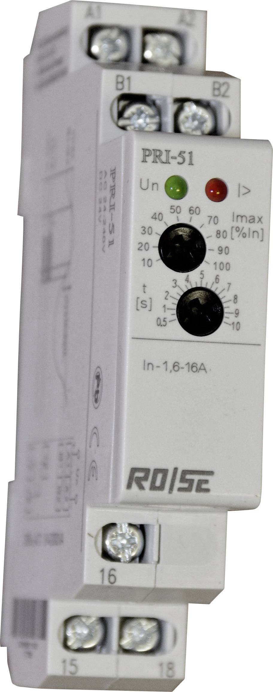 Trojfázové prúdové relé s pripojeniami B1, B2, 16 a 15. Má zelené a červené LED diódy a stupnicu od 40 do 100 percent.