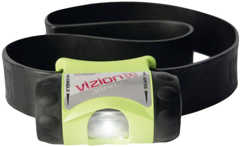 Čelovka s elastickým páskom, model 'Vizion'. Predná strana zobrazuje svetlo a prepínač na nastavenie uhla a intenzity svetelného lúča.