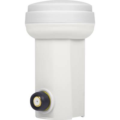 Biely LNB pre satelitné taniere s guľatou hlavou a prípojkou na spodnom konci v detailnom zábere.