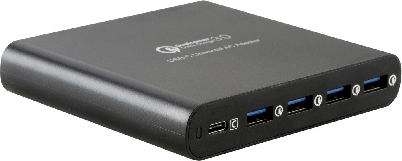 Čierny USB hub s piatimi portami na prednej strane, vhodný pre rôzne typy USB vrátane USB-C a USB-A.