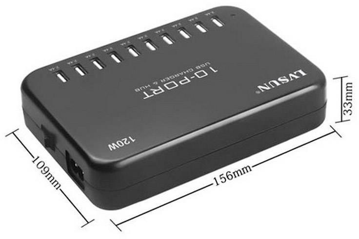 Na obrázku je zobrazená čierna 10-portová USB nabíjačka s rozmermi 156 mm x 109 mm x 33 mm a výkonom 120 W.