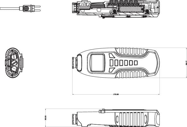 Technický výkres zariadenia s viacerými pohľadmi vrátane pôdorysu a priečneho rezu. Obsahuje detaily pripojenia a konštrukcie telesa.