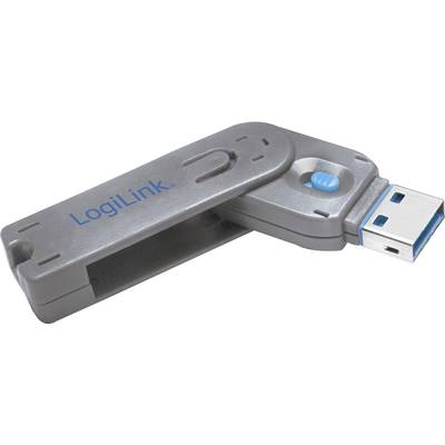 Sivý, otočný USB kľúč s nápisom 'LogiLink' modrým písmom, vhodný na prenos a ukladanie dát.