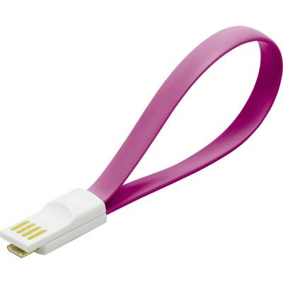 Ružový USB kábel v tvare slučky s bielou zástrčkou leží na bielom pozadí.