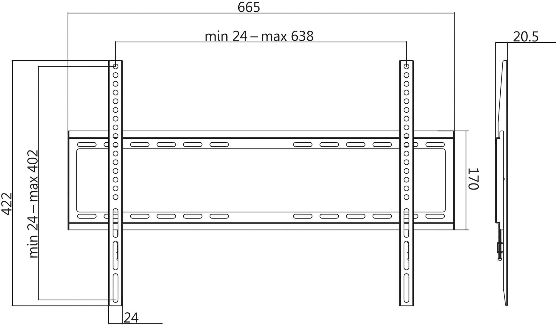 Technický výkres TV držiaka na stenu s rozmermi: šírka 665 mm, výška 422 mm, hĺbka 20,5 mm; nastaviteľný rozsah 24-402 mm.