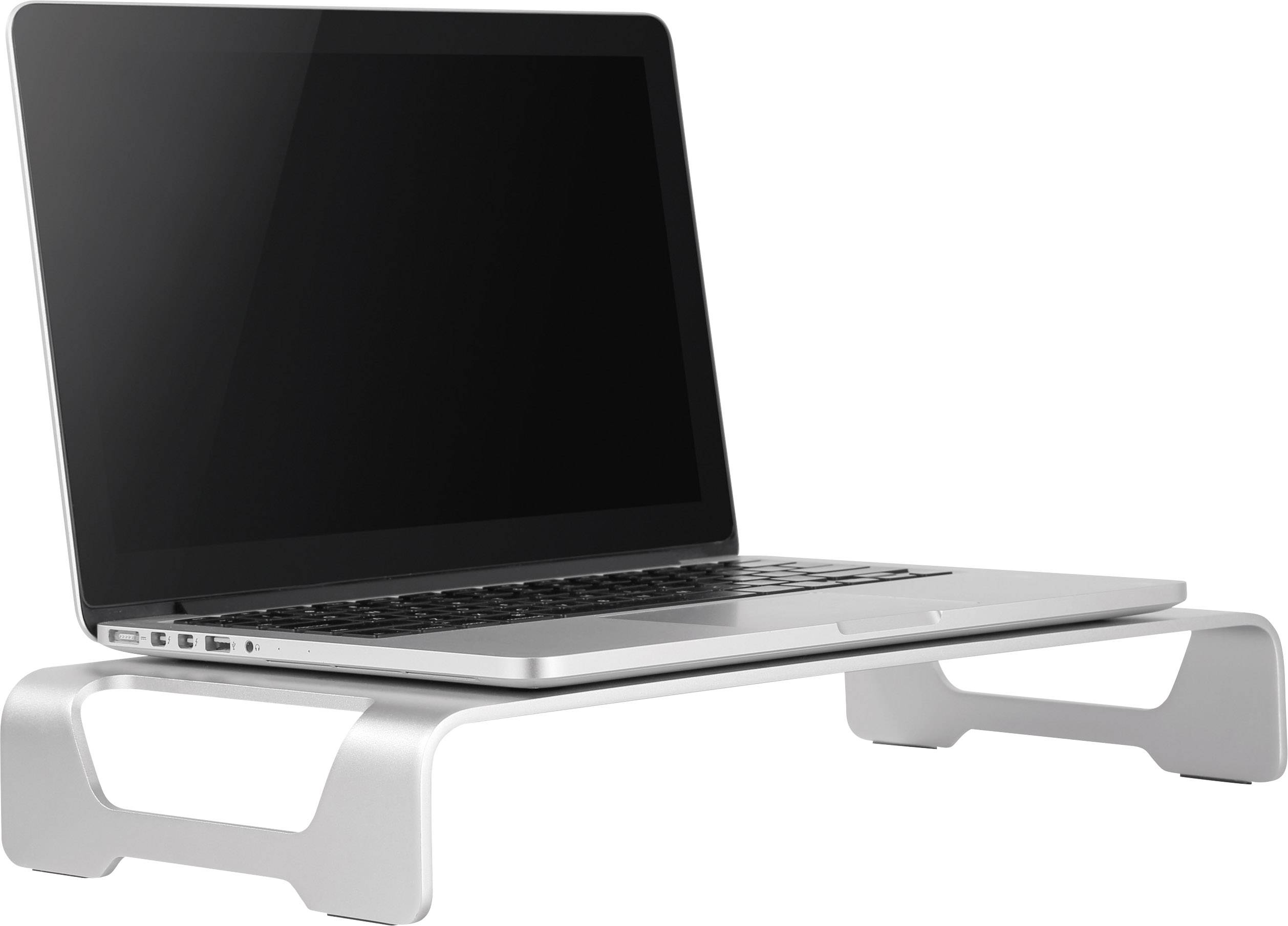 Otvorený laptop na striebornom stojane. Obrazovka je čierna. Stojan mierne dvíha laptop.