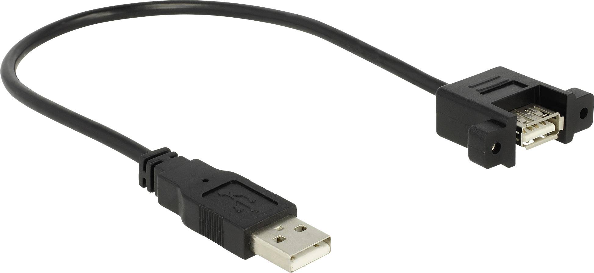 USB predlžovací kábel s mužským a ženským konektorom, čierny kábel, vhodný na predĺženie dosahu USB.