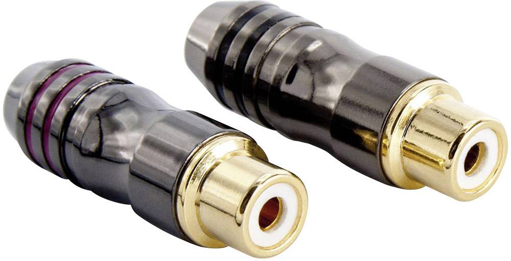 Dva RCA adaptéry so zlatými kontaktmi a čiernymi plášťami. Sú vhodné pre audio alebo video prepojenia.