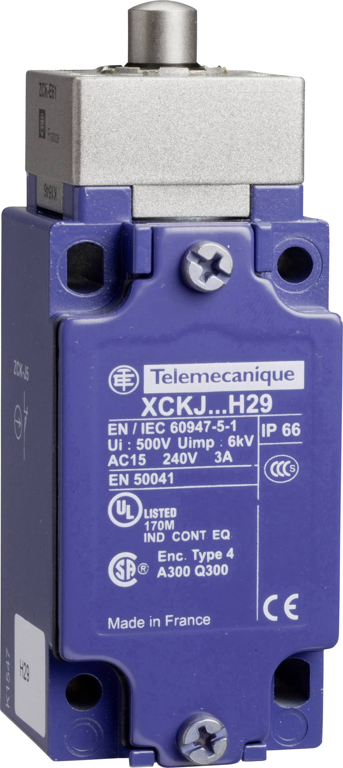 Modrý Telemecanique spínač, model XCKJ, 500V, IP66, z Francúzska. Obsahuje bezpečnostné certifikáty a technické špecifikácie.