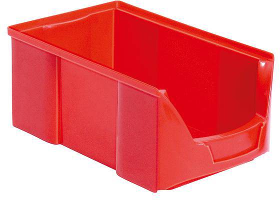 Červený plastový box s otvorenou prednou stranou pre ľahký prístup k obsahu. Vhodný na uskladnenie, stohovateľný.
