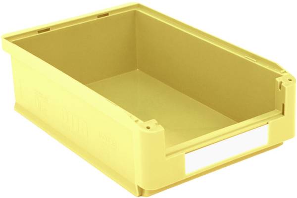 Žltý, obdĺžnikový plastový box s otvoreným vekom, vhodný pre uskladnenie a organizáciu.