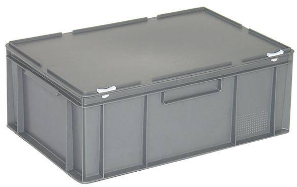 Sivý plastový úložný box s vekom, stohovateľný a pevnej konštrukcie. Vhodný na bezpečné uchovávanie a transport predmetov.