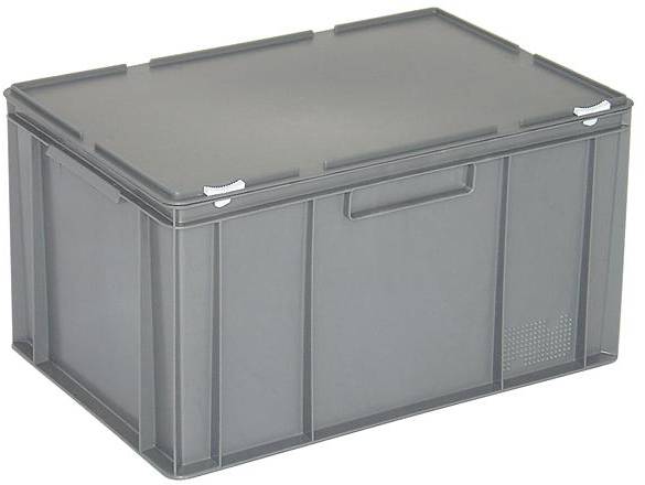 Sivý plastový úložný box s vekom, obdĺžnikového tvaru, stohovateľný. Používa sa na uskladnenie a organizáciu predmetov.