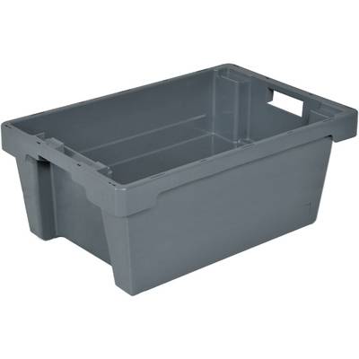 Sivý plastový kontajner s úchytmi na krátkych stranách. Kontajner je obdĺžnikový a má hladký povrch.