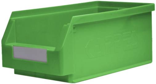 Zelený plastový úložný box s otvorenou prednou časťou a malým držiakom štítku na boku, vhodný na uskladnenie drobných súčiastok.