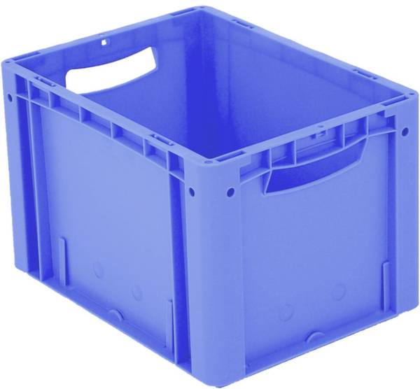 Modrá plastová prepravná debna s úchytmi po stranách, vhodná na uskladnenie a prepravu.