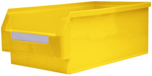 Žltý plastový kontajner s otvoreným dizajnom, vhodný na uskladnenie menších predmetov; je vybavený štítkom na prednej strane.