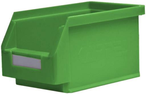 Zelený plastový úložný box s otvoreným prístupom pre ľahké vyberanie, ideálny na uskladnenie drobných súčiastok v dielňach alebo skladových priestoroch.