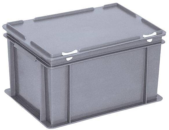 Sivý plastový box s vekom, obdĺžnikového tvaru, vhodný na ukladanie alebo skladovanie.