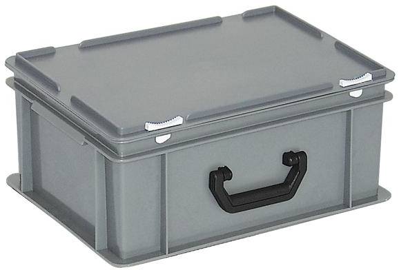 Sivý plastový box s rukoväťou.