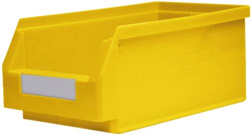 Žltý plastový box s otvoreným predným priečinkom a držiakom na štítok, vhodný na uskladnenie alebo organizáciu drobných súčiastok.