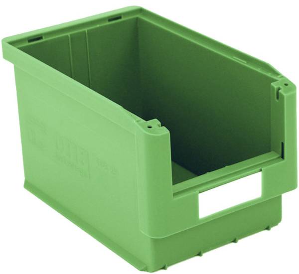 Zelený plastový box s otvorenou prednou stranou a uzavretým dnom, vhodný na uskladnenie náradia alebo drobných súčiastok.