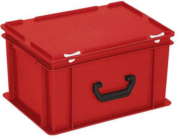 Červený plastový box s vekom a čiernou rukoväťou, vhodný na uskladnenie a organizáciu predmetov.