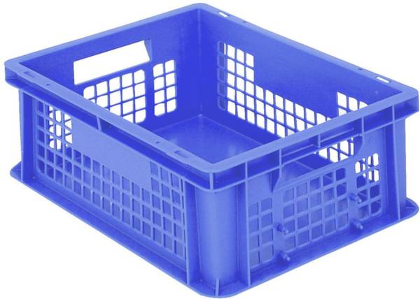 Modrá plastová prepravka so vzorom mriežky a rukoväťami po stranách.