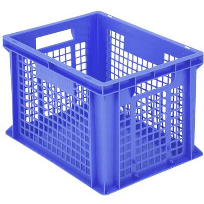 Modrý plastový kôš so štruktúrou mriežky, obdĺžnikového tvaru, s otvoreným vekom a držadlami po stranách, na bielom pozadí.
