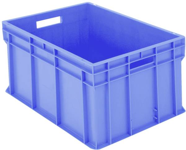 Modrá plastová prepravná debna obdĺžnikového tvaru, pevnej konštrukcie s rukoväťami po stranách, vhodná na uskladnenie a prepravu.