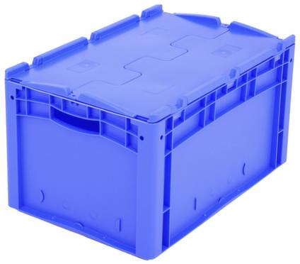 Modrý plastový úložný box s integrovanými rukoväťami a sklopným vekom, vhodný na uskladnenie a prepravu.