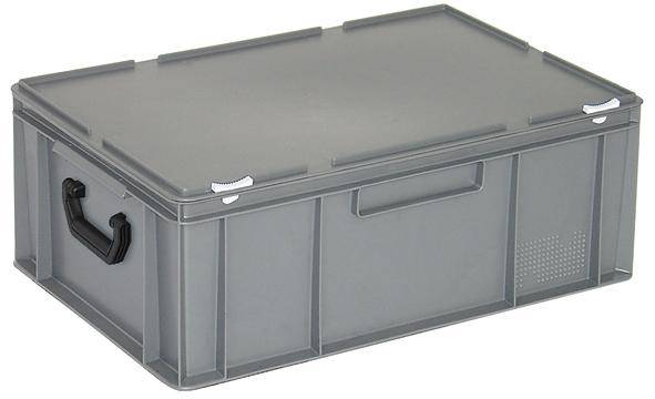 Sivý plastový box s vekom a bočnými rukoväťami. Ideálny na uskladnenie alebo prepravu predmetov.