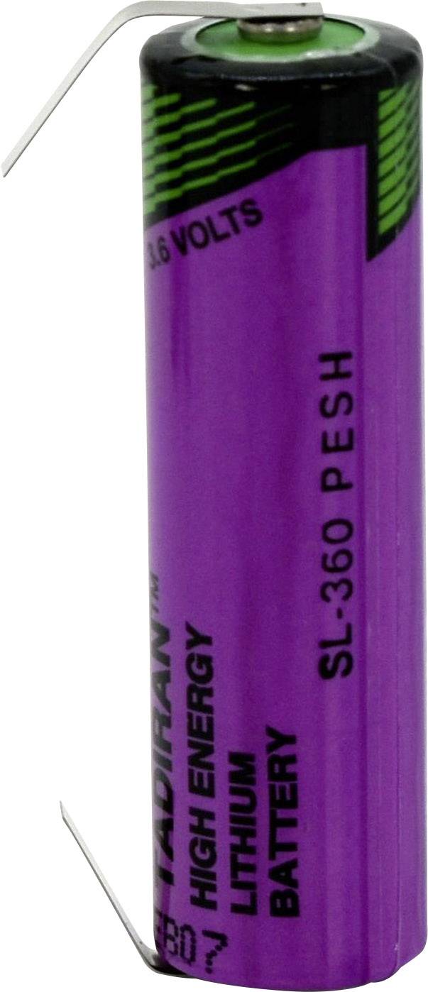 Fialová lítiová batéria s nápisom 'Tadiran High Energy', '3,6 Voltov', 'SL-360 P ESH' viditeľná v popredí.