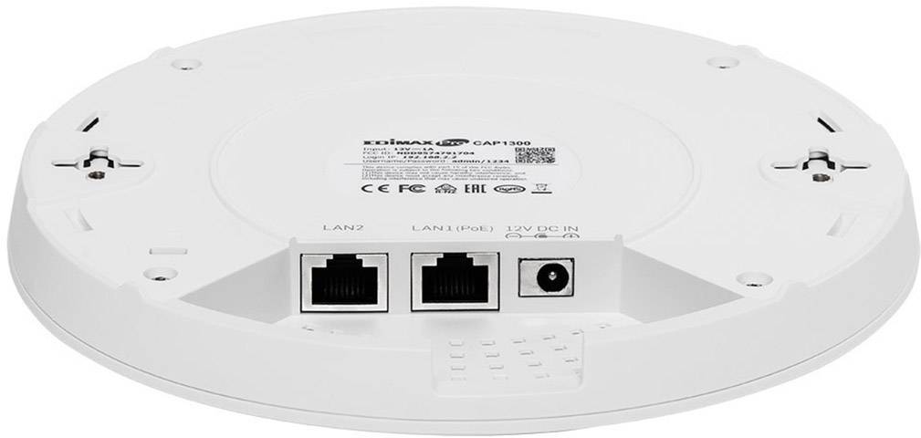 Guľatý WLAN prístupový bod pohľadený zdola, zobrazujúci dva LAN porty a napájací konektor.