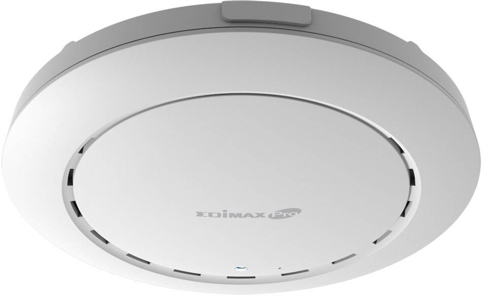 Guľatý, biely WLAN prístupový bod značky Edimax Pro, namontovaný na strope, s centrálnym LED indikátorom prevádzkového stavu.