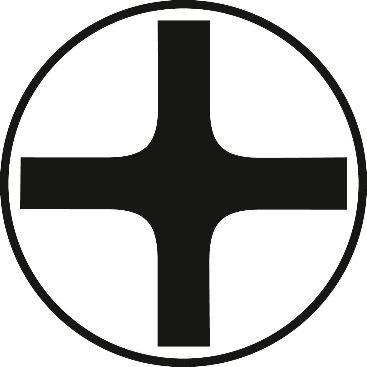 Čierne krížové znamenie v kruhu na bielom pozadí, symbol pre plus alebo medicínsky znak.