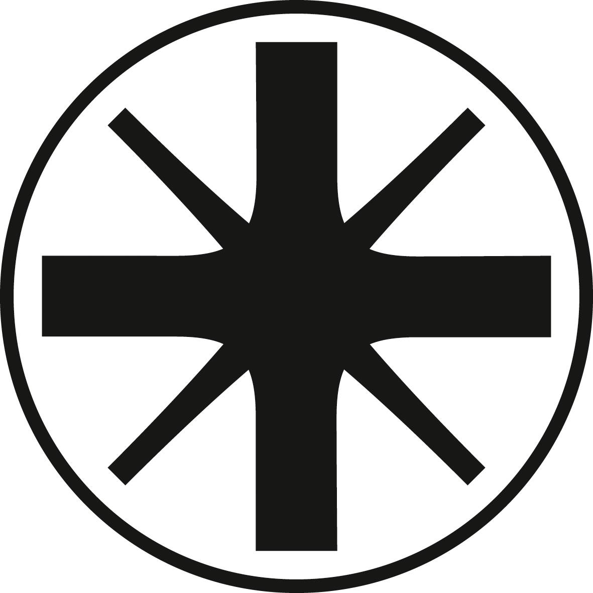 Symbol: Kruh s čiernym krížom zo 6 lúčov, ktoré sú na koncoch šikmo smerované von.