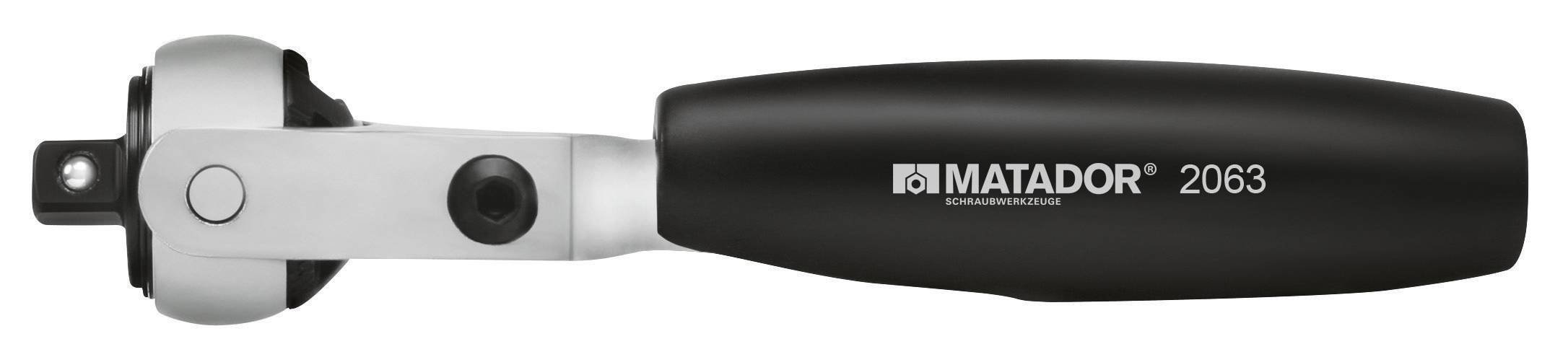 Račňa s čiernou ergonomickou rukoväťou, strieborným otočným bodom a nápisom 'MATADOR 2063', určená na presné mechanické práce.