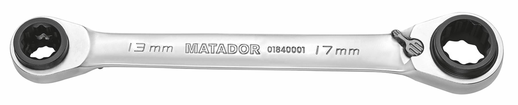 Obojstranný kľúč s račňovým mechanizmom značky Matador, 13 mm a 17 mm koncovky, vhodný pre presné práce.
