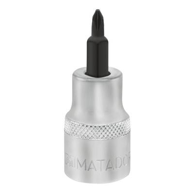 Strieborný matador-bitový set s čiernym, krížovým bitovým nástavcom, vhodný pre skrutkovacie práce.